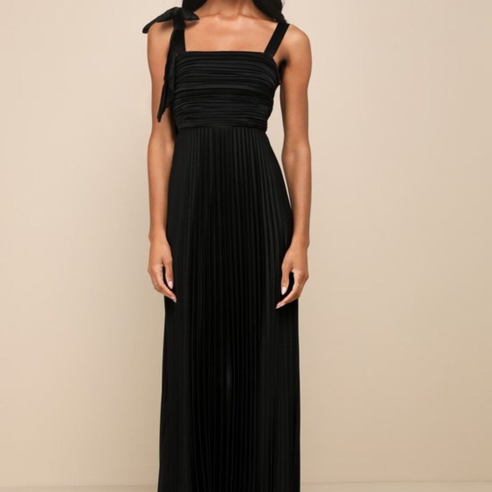 Lulus Gorgeous Purpose Black Satin Pleated Sleeveless Bow Maxi Dress - Size XL